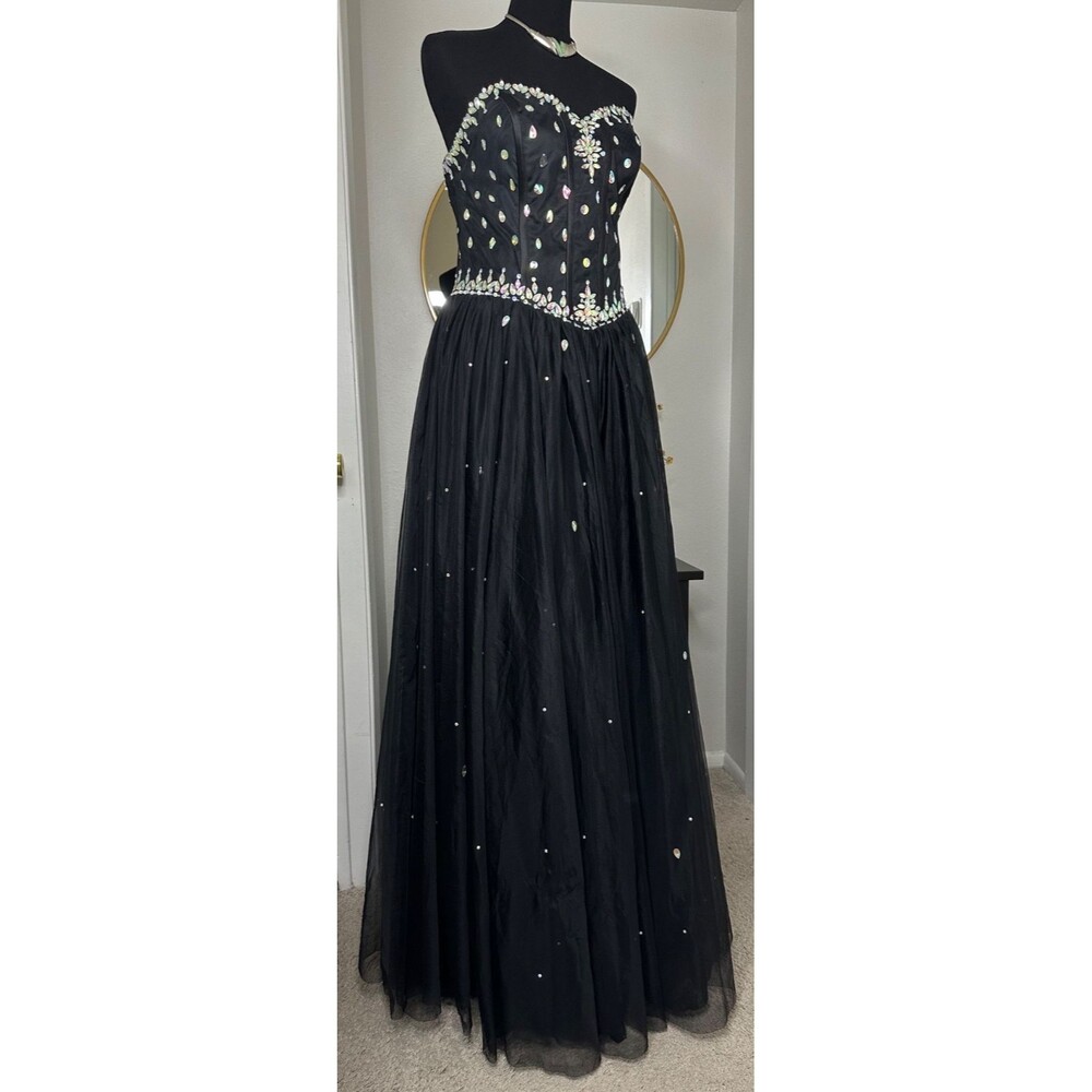 Black Corset Prom Dress Ball Gown Strapless AB Rhinestone Crystal Tulle Size 14